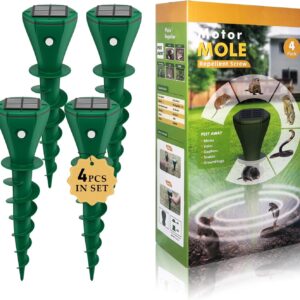 Solar Powered Mole Repellent for Lawns 4 Pack，IP65 Waterproof Mole Snake Repeller, Noiseless Design Vibrating Stake, Repels Outdoor Snakes Gophers Moles