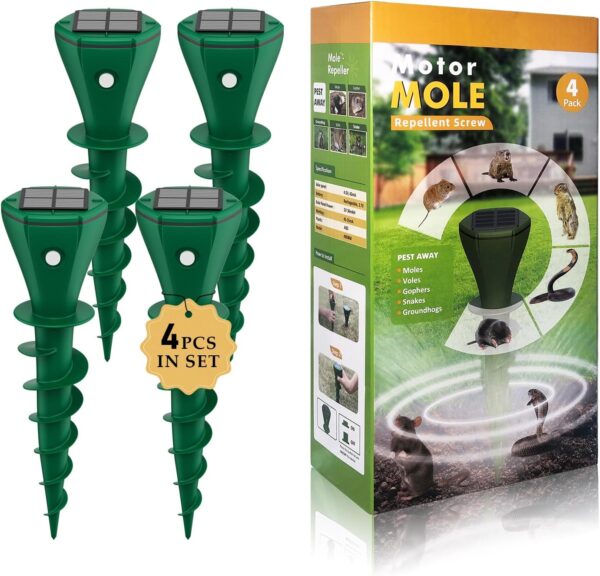 Solar Powered Mole Repellent for Lawns 4 Pack，IP65 Waterproof Mole Snake Repeller, Noiseless Design Vibrating Stake, Repels Outdoor Snakes Gophers Moles